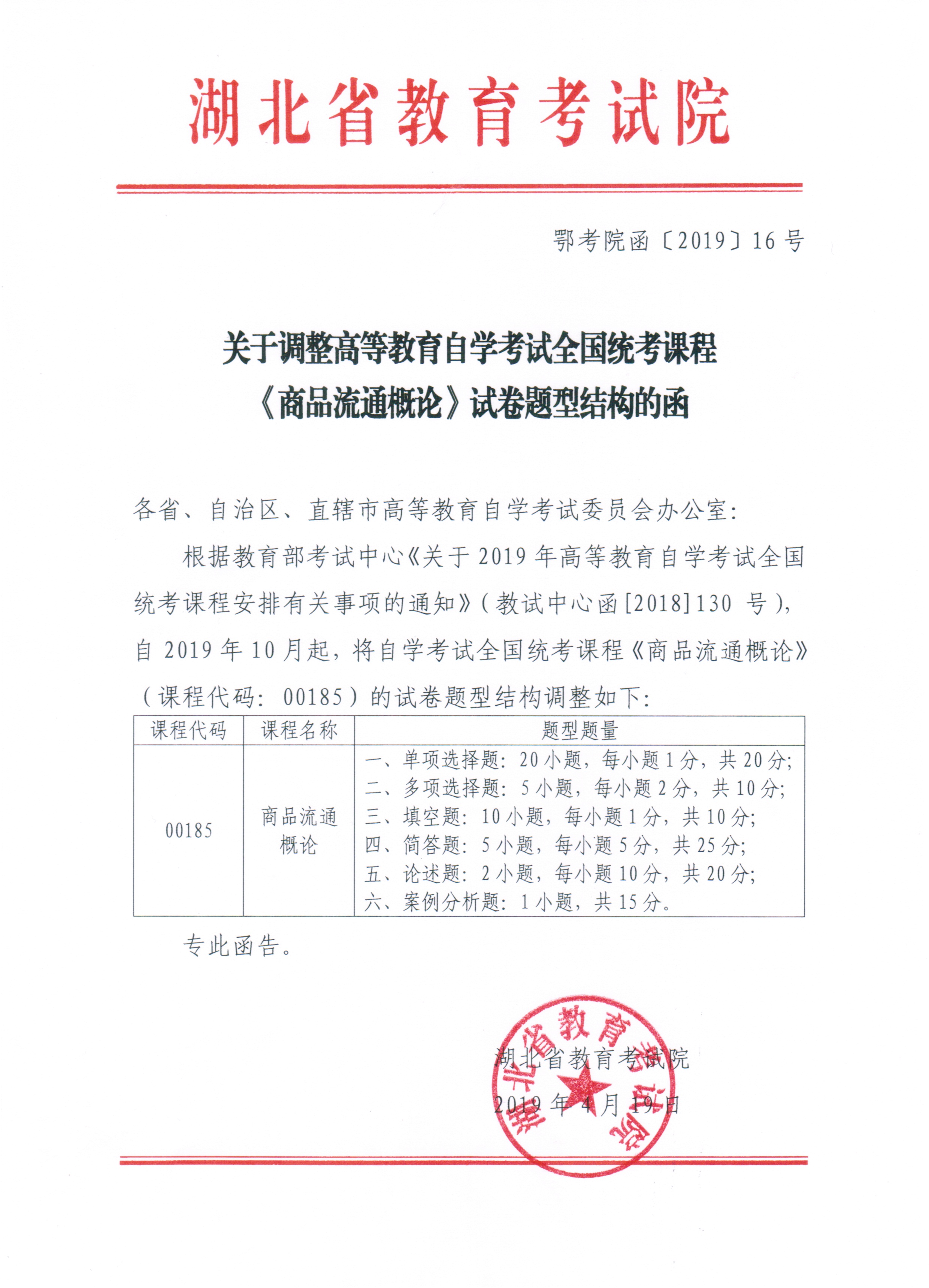 2019年10月自考全國(guó)統(tǒng)考課程《商品流通概論》試卷題型結(jié)構(gòu)調(diào)整通知