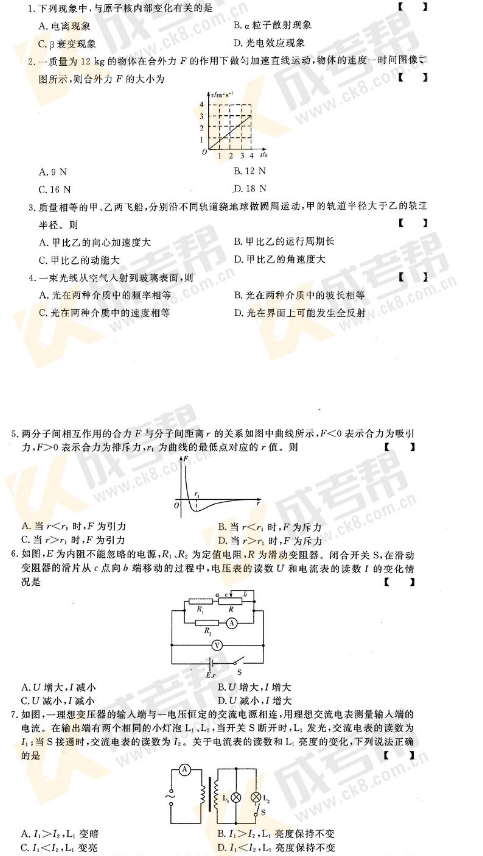 2017年成人高考高起點理化綜合考試真題及答案解析