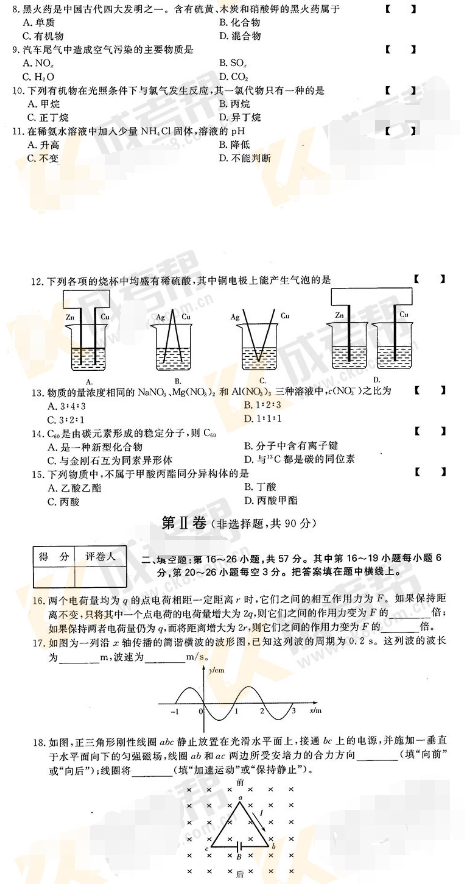 2017年成人高考高起點理化綜合考試真題及答案解析