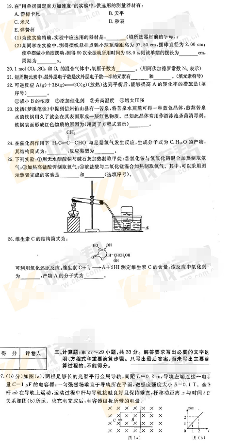 2017年成人高考高起點理化綜合考試真題及答案解析