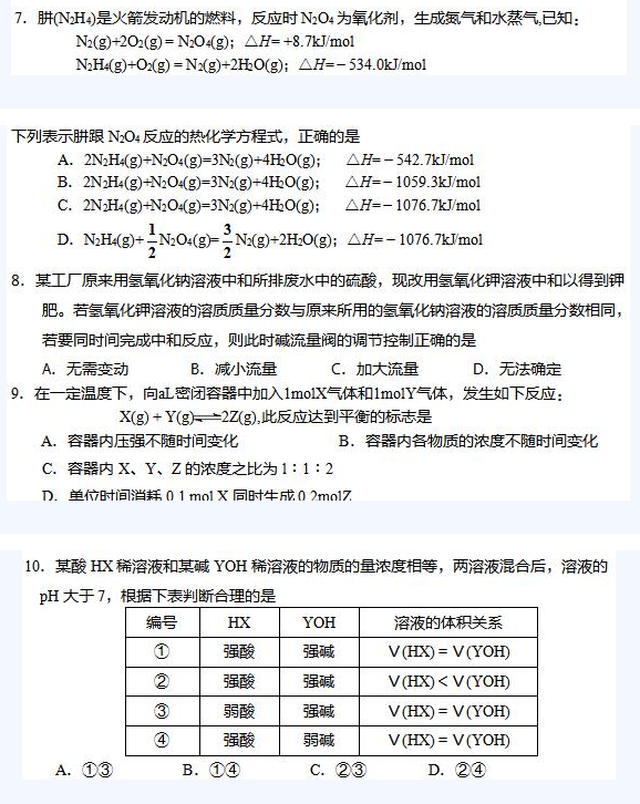 2020年成人高考高起本化學(xué)練習(xí)試題及答案7