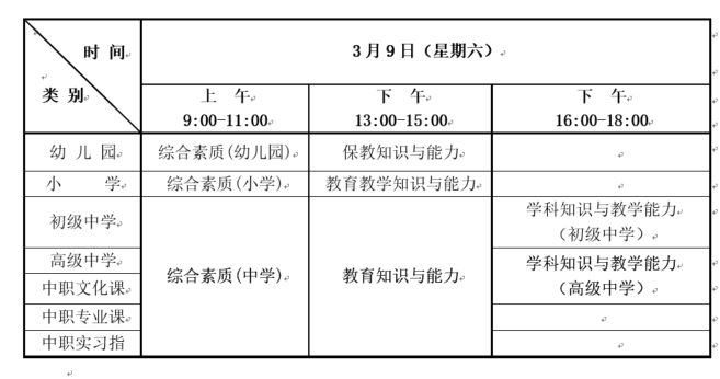 2019年上半年中小學教師資格考試（筆試）日程安排表